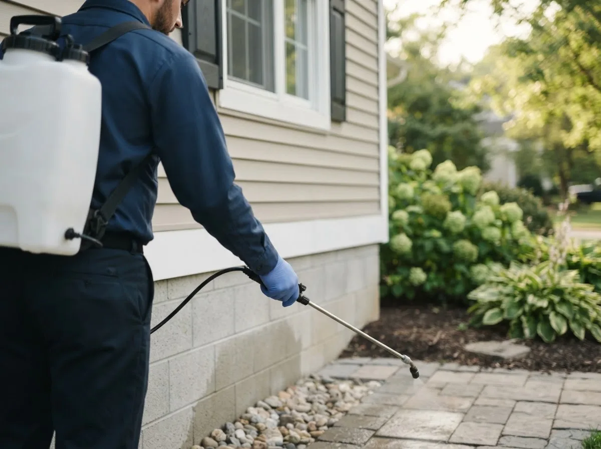 Pest control technician inspecting a home in Sloan, IA